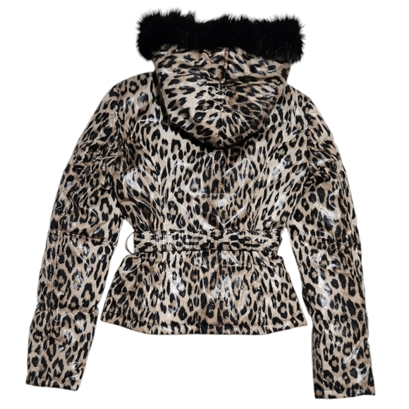 BEBE vintage animal print belted puffer jacket with faux fur hood - Picture 5 of 7